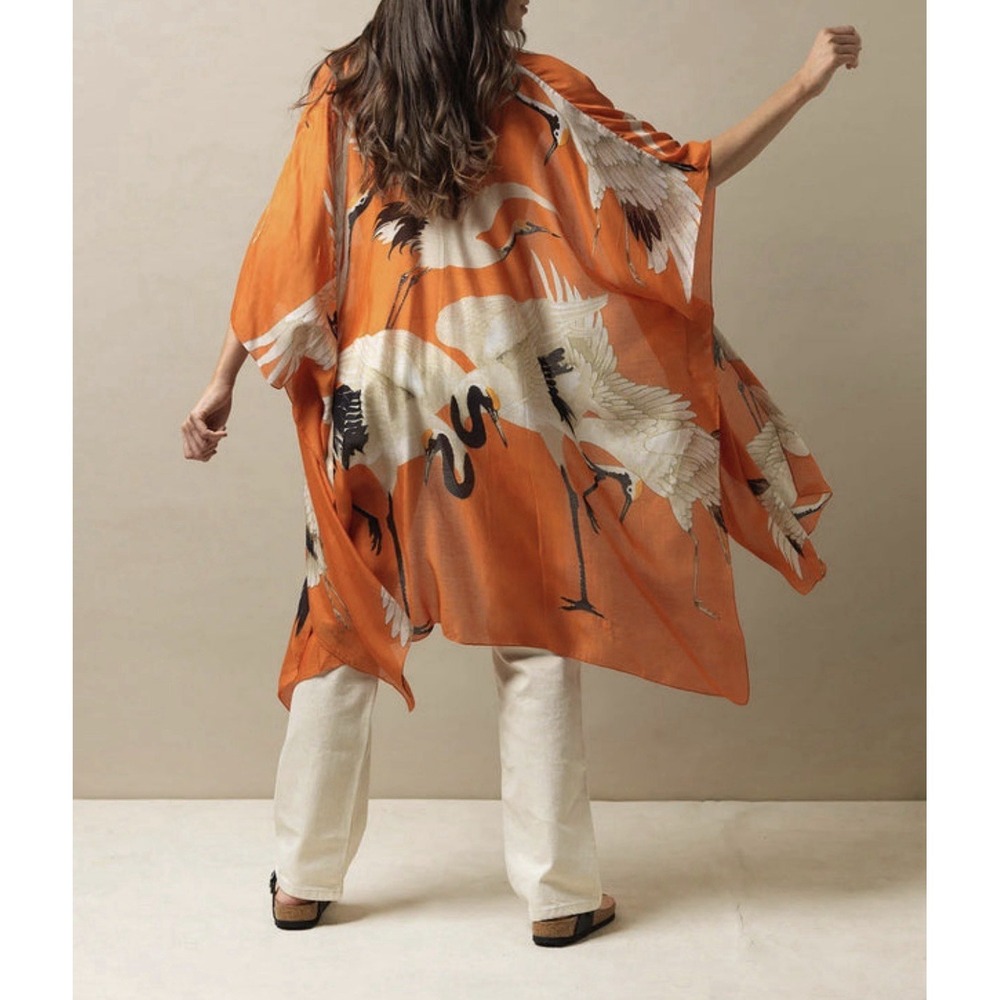 One Hundred Stars Stork Orange Throwover Kimono Crane Bird Boho Cover Up OS